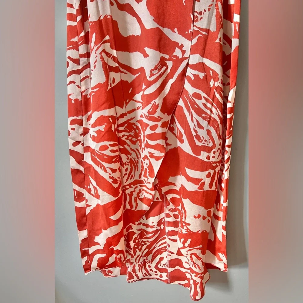 Bar III Printed Hammered-Satin Twist-Front Faux-Wrap Midi Dress Orange Cream‎ XL